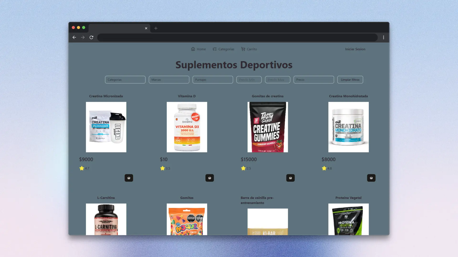 Captura de pantalla del proyecto Suplementos Deportivos